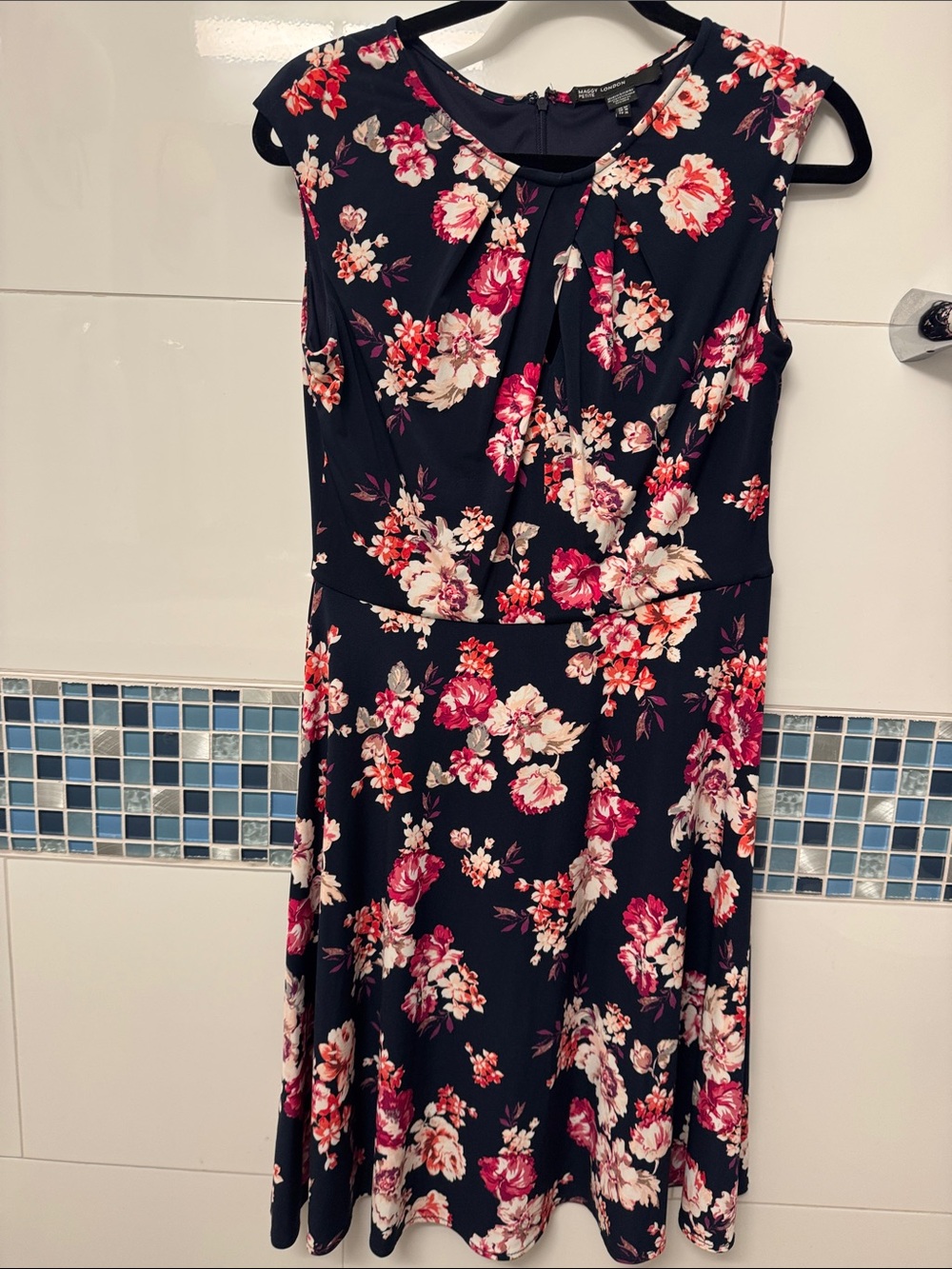 Maggy London Navy Floral Midi Dress with Pink & Cream Blooms